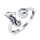 Shell and Seahorse Plain Ring Band Oxidized 925 Sterling Silver