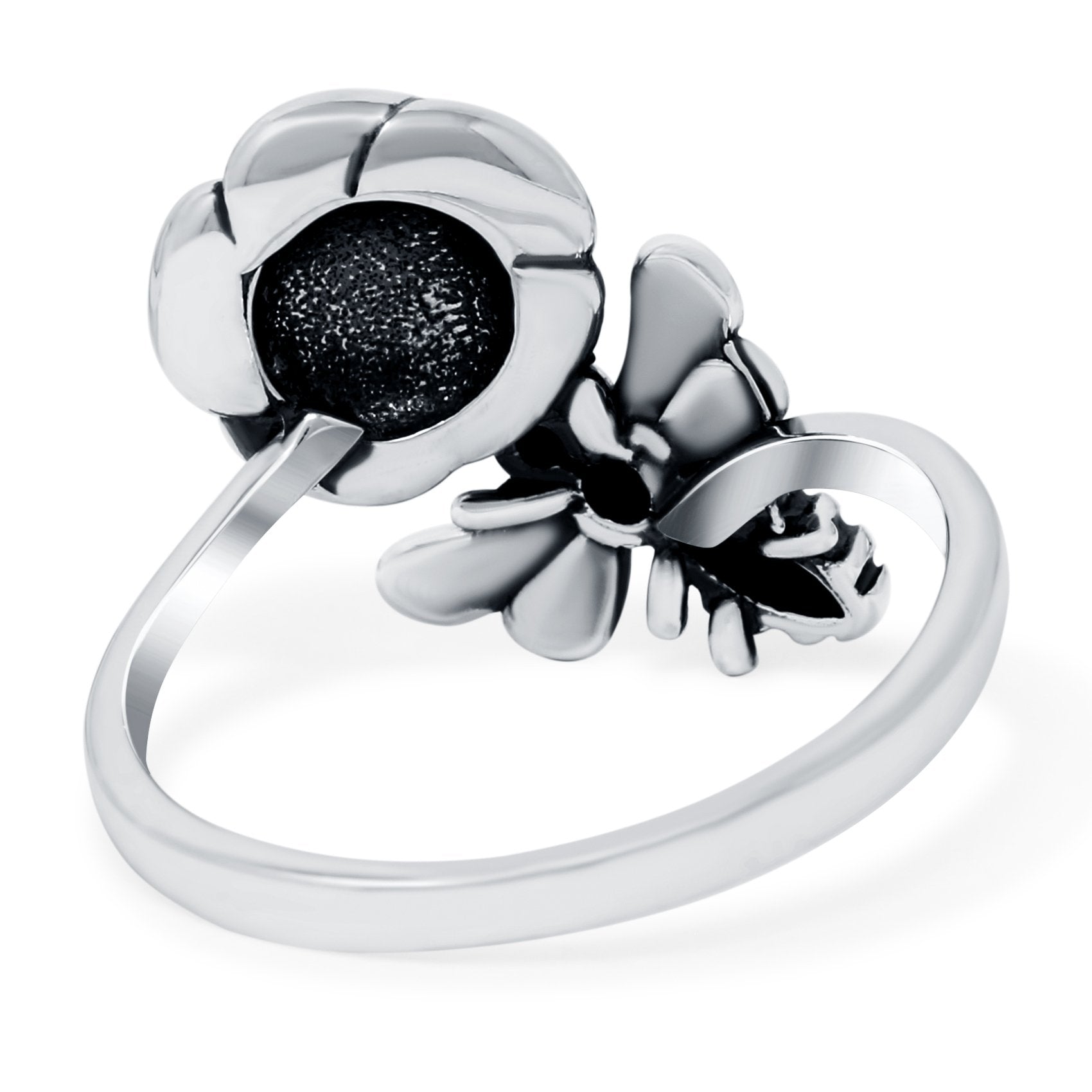 Bee & Flower Ring Oxidized Band Solid 925 Sterling Silver (18mm)