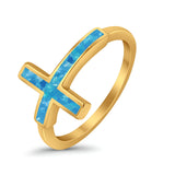 Sideways Cross Ring Rhodium Plated Band Lab Created Opal 925 Sterling Silver (12mm)