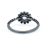 Flower Style Petite Dainty Round Lab Opal Ring Solid Oxidized 925 Sterling Silver (9mm)