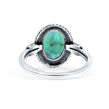 Petite Dainty Vintage Style Lab Opal Ring Solid Oval Oxidized 925 Sterling Silver