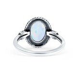 Petite Dainty Vintage Style Lab Opal Ring Solid Oval Oxidized 925 Sterling Silver