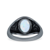 Petite Dainty Vintage Style Lab Opal Ring Solid Oval Oxidized 925 Sterling Silver