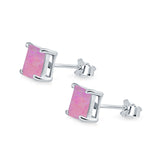 Halo Stud Earrings Princess Cut Lab Created Opal 925 Sterling Silver 7mm