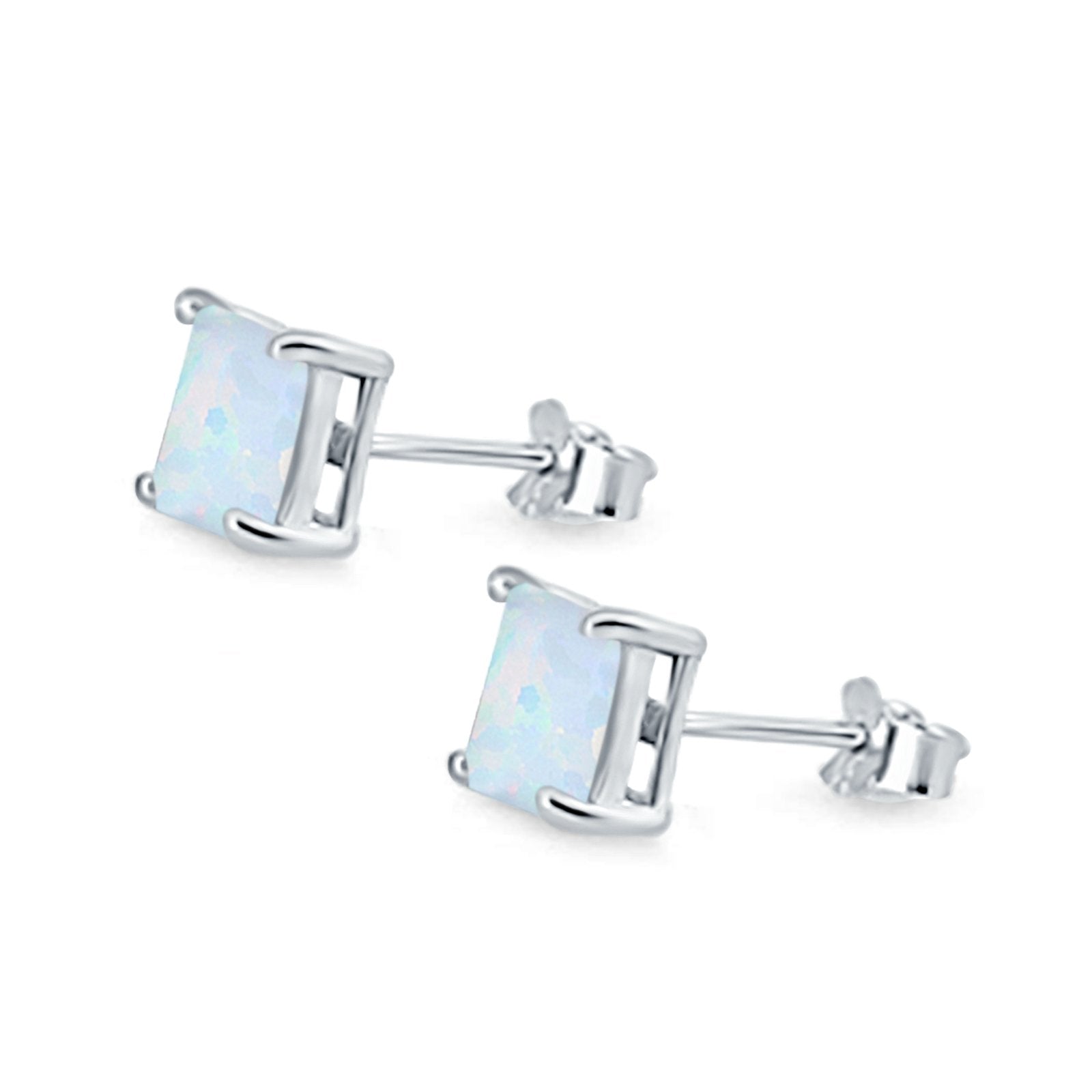 Halo Stud Earrings Princess Cut Lab Created Opal 925 Sterling Silver 7mm