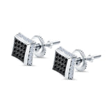 Square Hip Hop Stud Earrings Screwback Round Simulated CZ 925 Sterling Silver