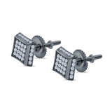 Square Hip Hop Stud Earrings Screwback Round Simulated CZ 925 Sterling Silver