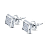 Square Hip Hop Stud Earrings Screwback Round Simulated CZ 925 Sterling Silver