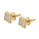 Square Hip Hop Stud Earrings Screwback Round Simulated CZ 925 Sterling Silver