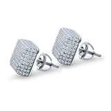 Square 3D Hip Hop Earrings Iced Out Simulated CZ Stud Screwback 925 Sterling Silver