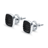 Square Cushion Shape Simulated CZ Stud Earrings Screw-Back Round Pave 925 Sterling Silver