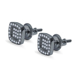 Square Cushion Shape Simulated CZ Stud Earrings Screw-Back Round Pave 925 Sterling Silver