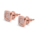 Square Cushion Shape Simulated CZ Stud Earrings Screw-Back Round Pave 925 Sterling Silver