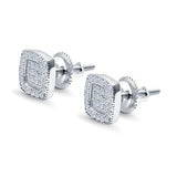 Square Cushion Shape Simulated CZ Stud Earrings Screw-Back Round Pave 925 Sterling Silver