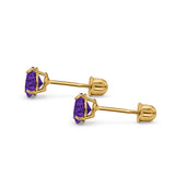 14k Yellow Gold Round Solitaire Stud Earrings with Screw Back Simulated Amethyst Cubic Zirconia