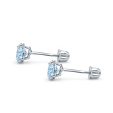 14k White Gold Round Solitaire Stud Earrings with Screw Back Simulated Aquamarine Cubic Zirconia