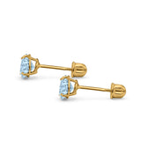 14k Yellow Gold Round Solitaire Stud Earrings with Screw Back Simulated Aquamarine Cubic Zirconia