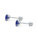 14k White Gold Round Solitaire Stud Earrings with Screw Back Simulated Blue Sapphire Cubic Zirconia