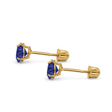 14k Yellow Gold Round Solitaire Stud Earrings with Screw Back Simulated Blue Sapphire Cubic Zirconia