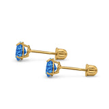 14k Yellow Gold Round Solitaire Stud Earrings with Screw Back Simulated Blue Topaz Cubic Zirconia