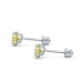 14k White Gold Round Solitaire Stud Earrings with Screw Back Simulated Yellow Cubic Zirconia