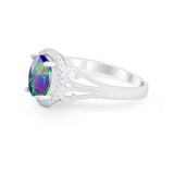 Halo Filigree Oval Wedding Ring Round Simulated Cubic Zirconia 925 Sterling Silver