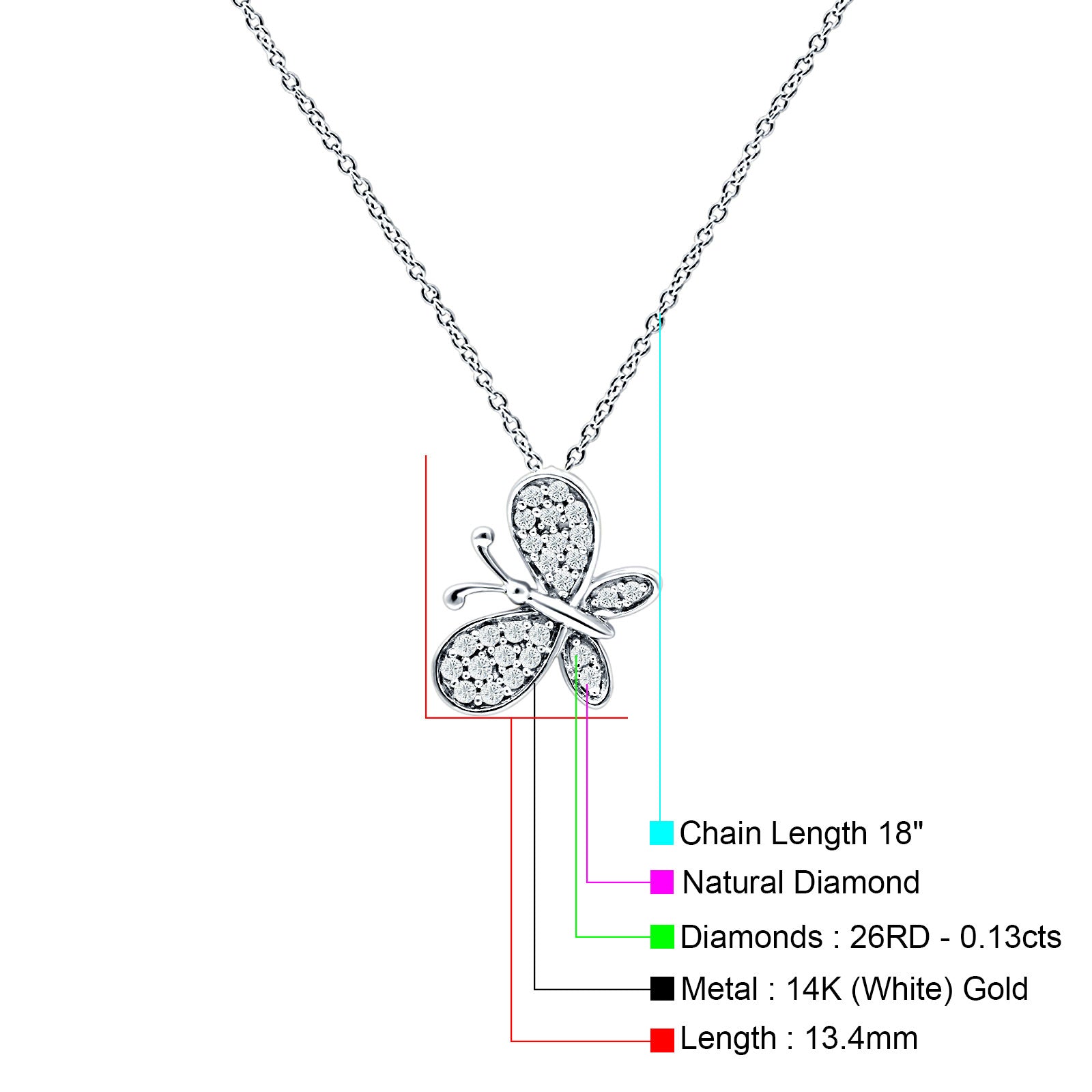 Butterfly Necklace Diamond Pendant 14K Gold 0.13ct