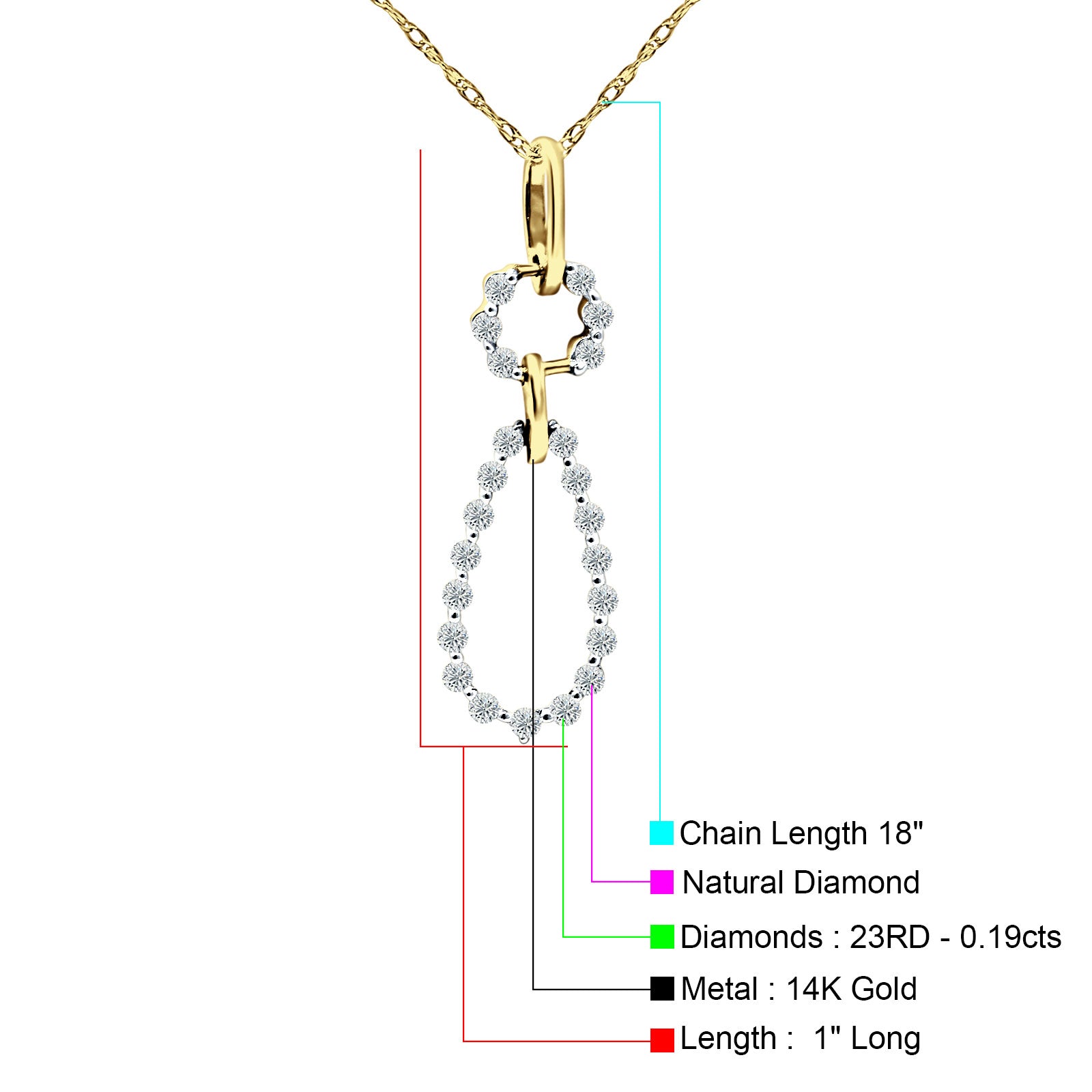 14K Gold 0.19ct Dangling Diamond Teardrop Pendant Necklace 18" Long