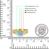 Three Stone Two Piece Bridal Round Beaded Natural Aquamarine Engagement Ring