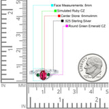 Three Stone Engagement Ring Oval Cut Round Simulated Green Emerald Cubic Zirconia 925 Sterling Silver