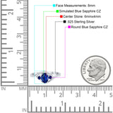Three Stone Engagement Ring Oval Cut Round Simulated Blue Sapphire Cubic Zirconia 925 Sterling Silver