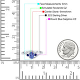 Three Stone Engagement Ring Oval Cut Round Simulated Blue Sapphire Cubic Zirconia 925 Sterling Silver