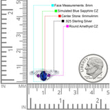 Three Stone Engagement Ring Oval Cut Round Simulated Amethyst Cubic Zirconia 925 Sterling Silver