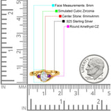 Three Stone Engagement Ring Oval Cut Round Simulated Amethyst Cubic Zirconia 925 Sterling Silver