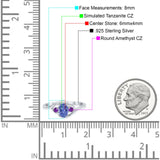 Three Stone Engagement Ring Oval Cut Round Simulated Amethyst Cubic Zirconia 925 Sterling Silver