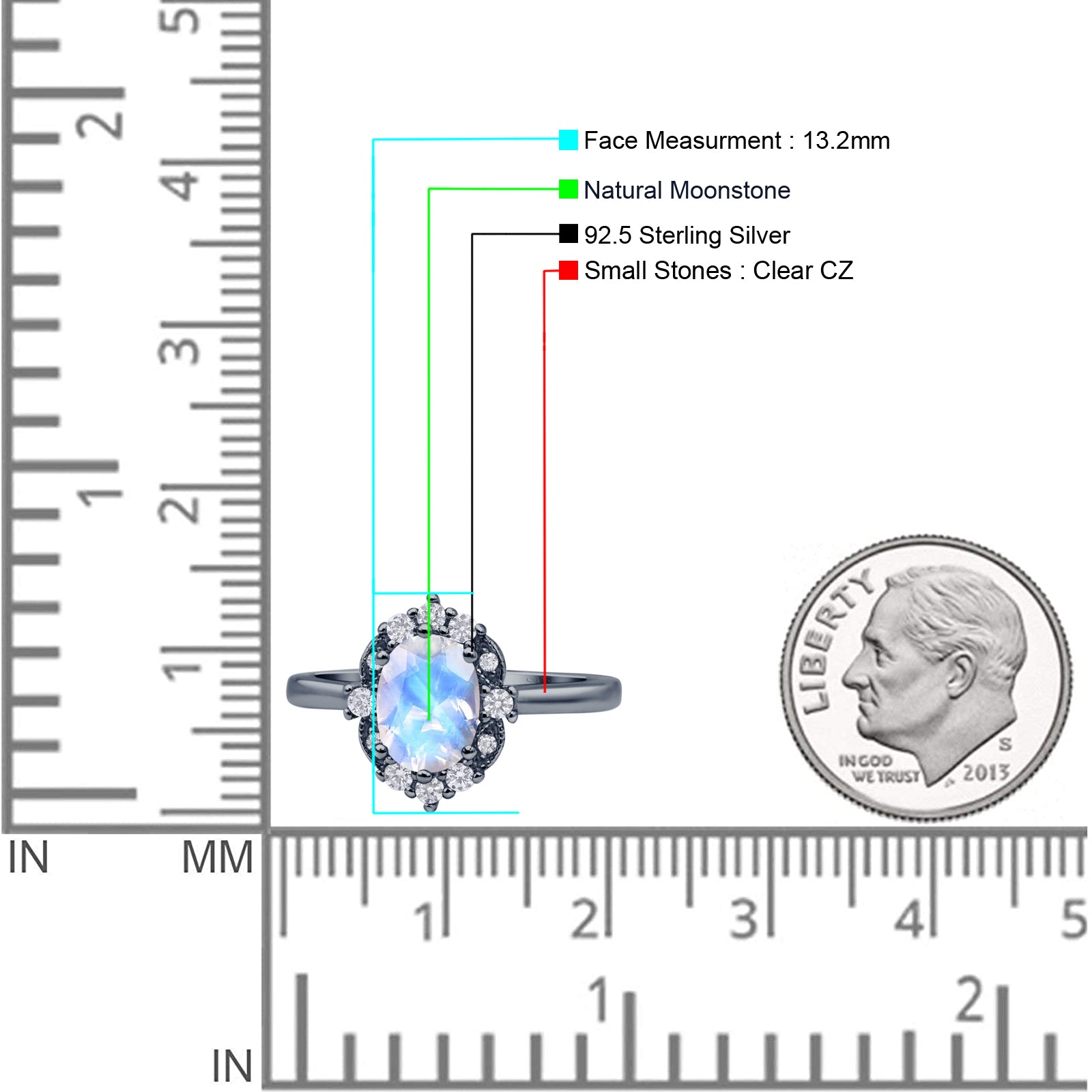 Rainbow Moonstone Sterling Silver Ring (Design A1) | GemPundit