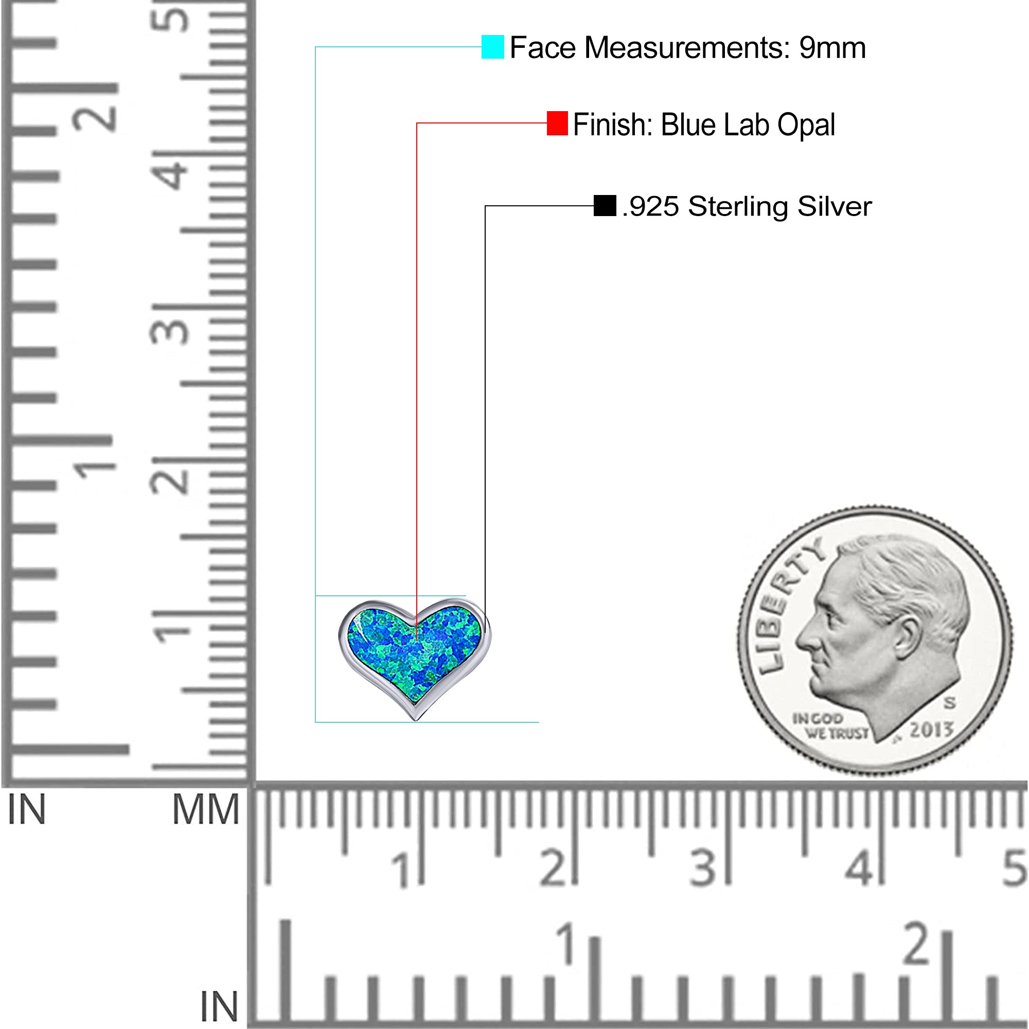 Heart Stud Earring Created Opal Solid 925 Sterling Silver (9mm)
