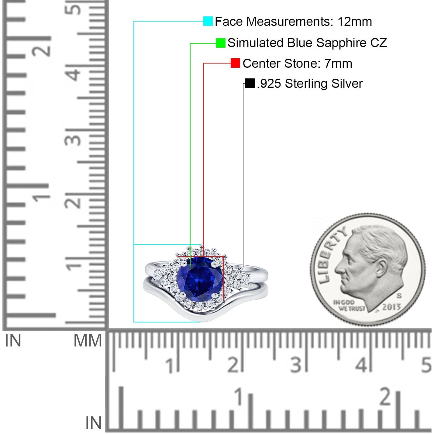 Two Piece Halo Engagement Ring Round Simulated Cubic Zirconia 925 Sterling Silver