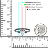 Art Deco Heart Three Stone Wedding Bridal Ring Round Blue Sapphire Simulated Cubic Zirconia 925 Sterling Silver