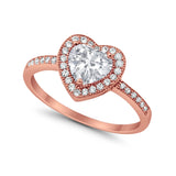 Halo Dazzling Heart Promise Ring Round Simulated CZ 925 Sterling Silver