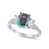 Emerald Cut Engagement Ring Round Simulated Cubic Zirconia 925 Sterling Silver