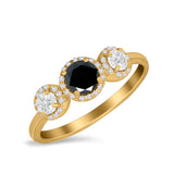 Halo Three Stone Wedding Ring Round Simulated Cubic Zirconia 925 Sterling Silver