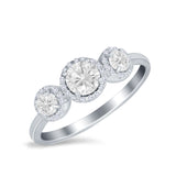 Halo Three Stone Wedding Ring Round Simulated Cubic Zirconia 925 Sterling Silver