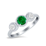 Halo Three Stone Wedding Ring Round Simulated Cubic Zirconia 925 Sterling Silver