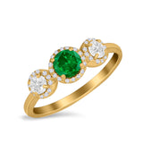 Halo Three Stone Wedding Ring Round Simulated Cubic Zirconia 925 Sterling Silver