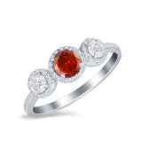 Halo Three Stone Wedding Ring Round Simulated Cubic Zirconia 925 Sterling Silver