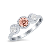 Halo Three Stone Wedding Ring Round Simulated Cubic Zirconia 925 Sterling Silver