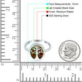 Oval Tree of Life Ring Lab Created Opal Rhodium Plated 925 Sterling Silver