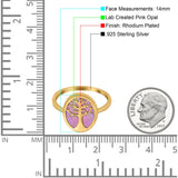 Oval Tree of Life Ring Lab Created Opal Rhodium Plated 925 Sterling Silver