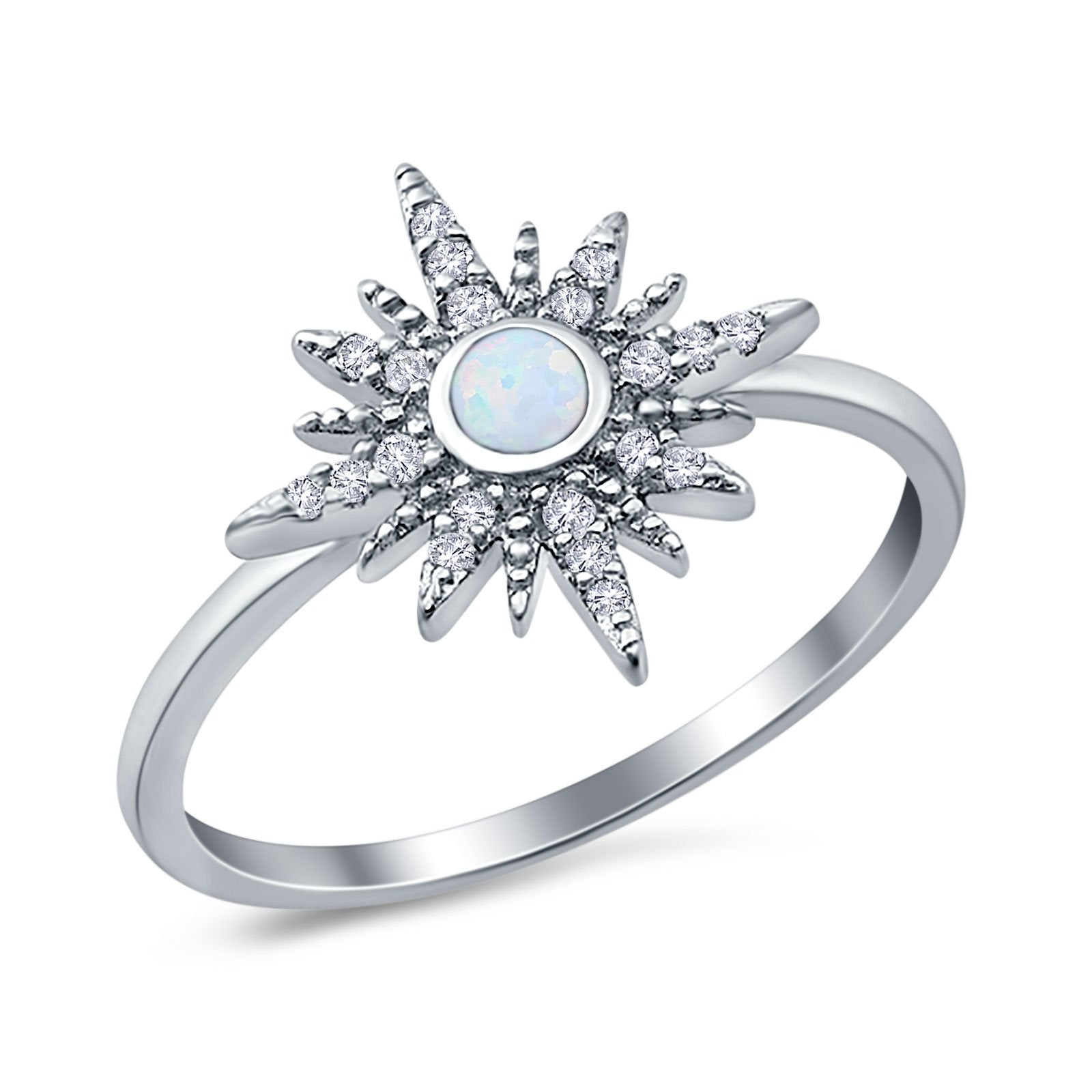 Cluster Starburst Opal Ring Round Simulated Cubic Zirconia 925 Sterling Silver